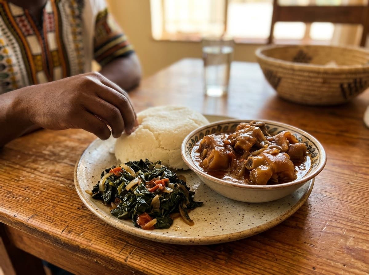 A hand reaching into a plate of sadza with muriwo and stew